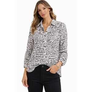Chico’s Script Print Blouse Black White Button Front Lightweight Top 2/Large